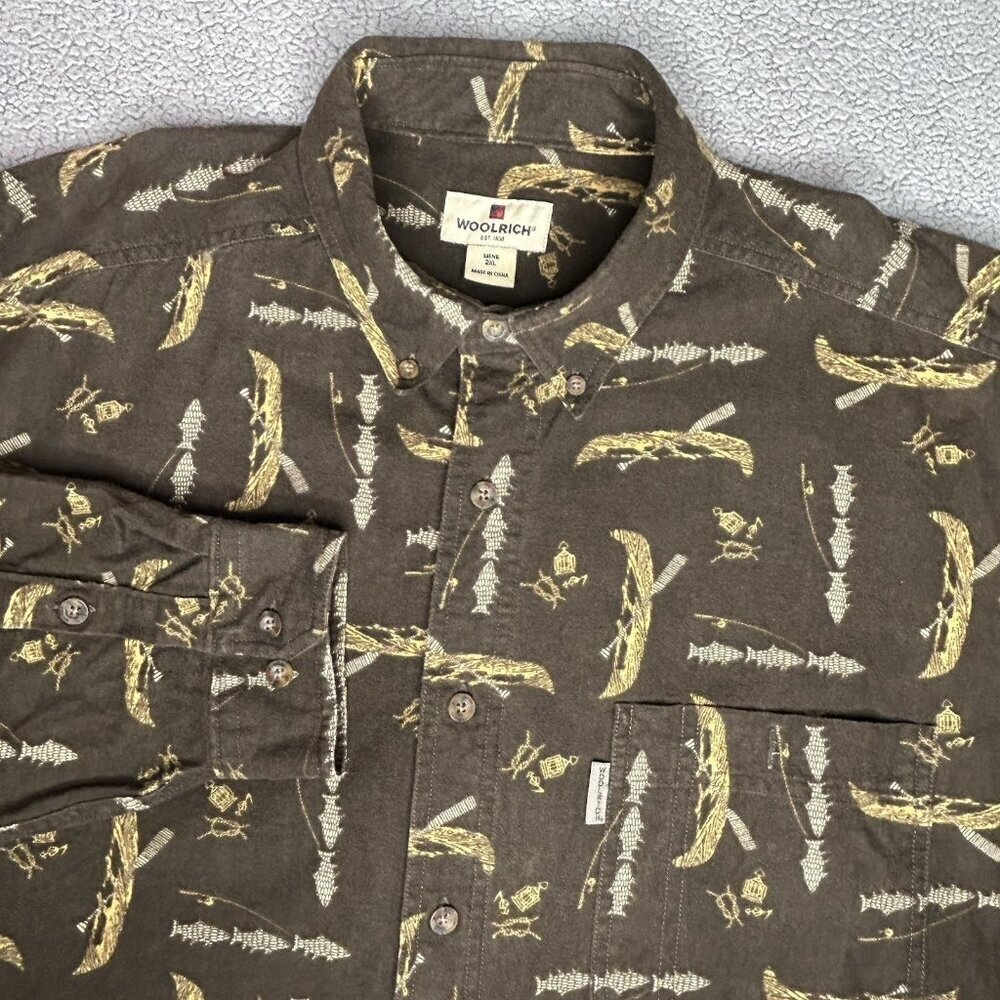 Vintage Woolrich Flannel Shirt Mens 2XL Brown Dark Wood Canoe Outdoor Fishing